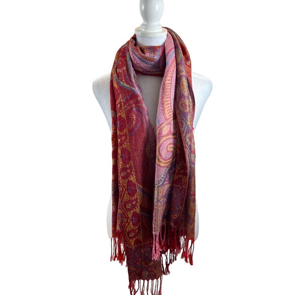 Large Lavender and Red Fringe End Pashmina Appr 72”x27”